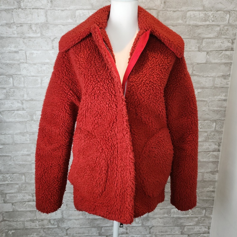 Theory Pomona Faux Shearling Coat Red Fleece Zip Up‎ Jacket Petite S